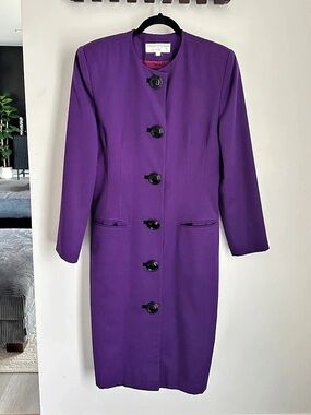 Vintage 80s 90s Purple 100% Wool Coat Dress Made in Canada Shoulder Pads Size 12